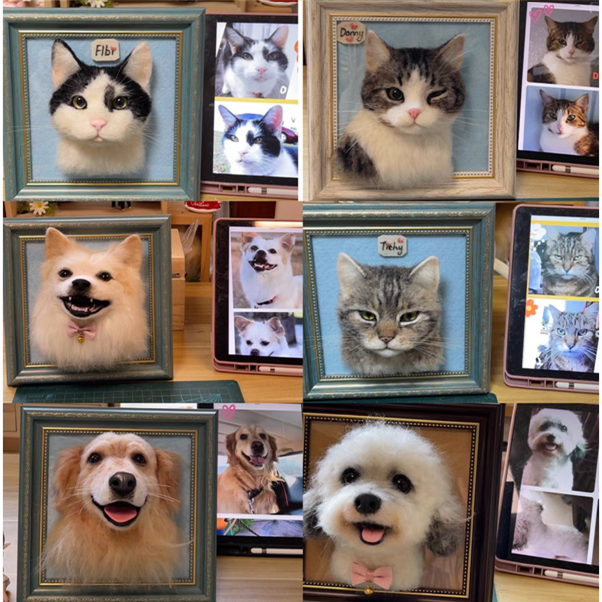 Customized Pet's 3D Portrait with Photo, Wool Felt, Handmade, Frame Included