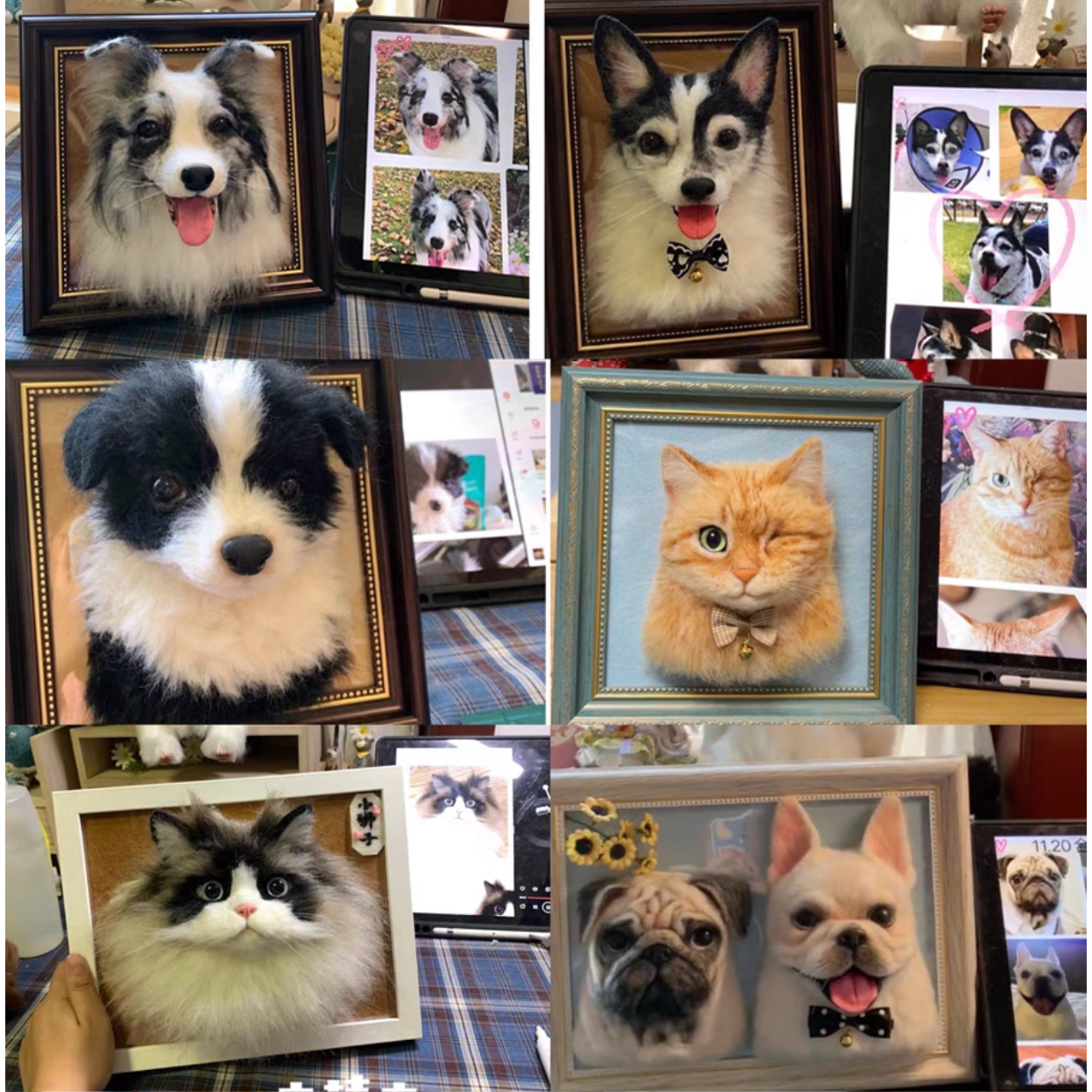 Customized Pet's 3D Portrait with Photo, Wool Felt, Handmade, Frame Included