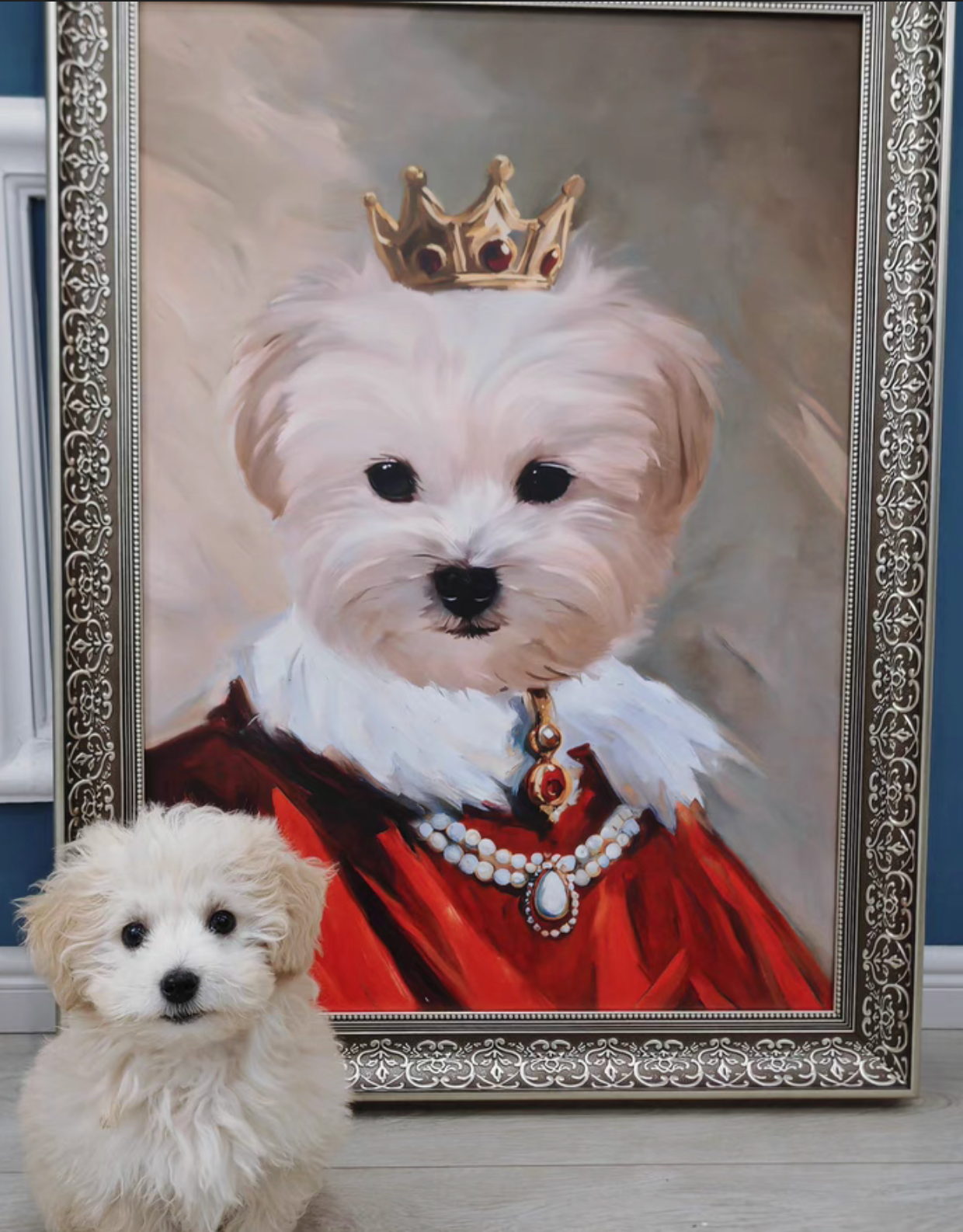 Pet Photo Portrait, Aristocratic, Framed, Platinum/Antique Copper Finish, Custom Made (Crown)