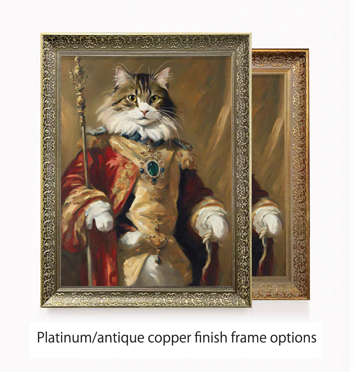 Pet Photo Portrait, Aristocratic, Framed, Platinum/Antique Copper Finish, Custom Made (King's Scepter)