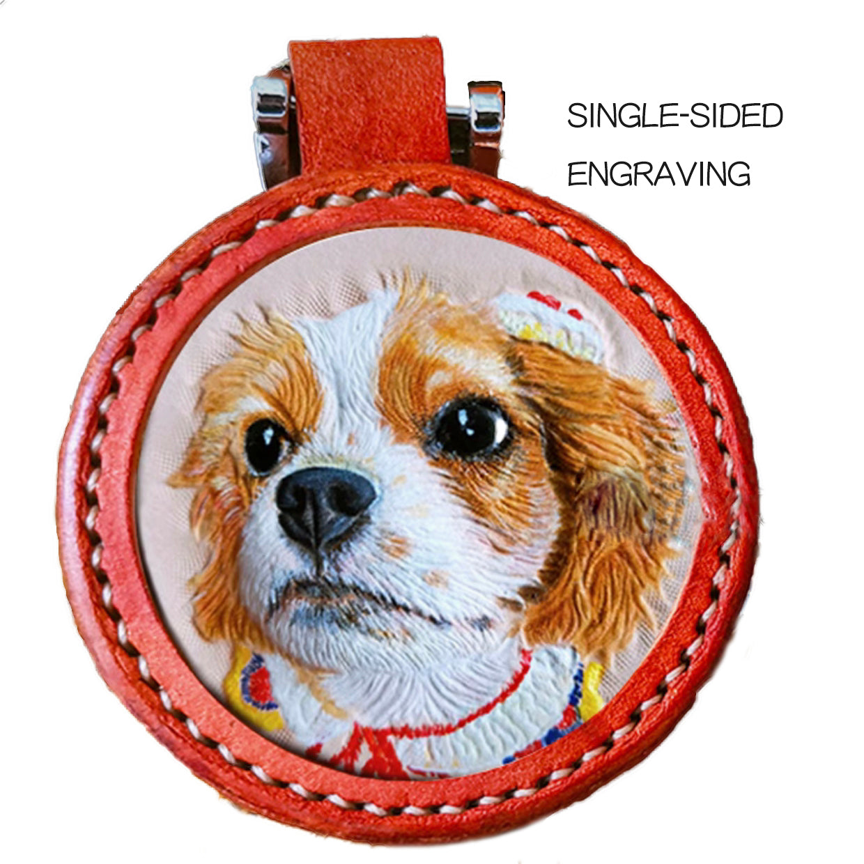 Pet photo engraving. Handmade leather original keychain. 9 color outer ring optional. 6.5cm size. Customizable (Round Edge)