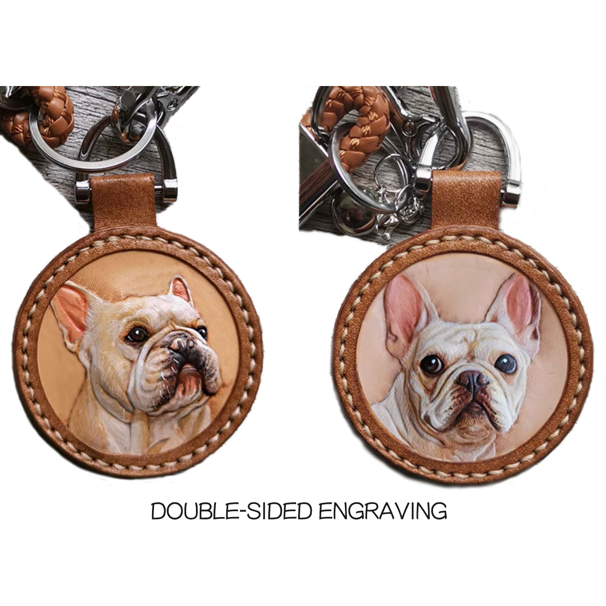 Pet photo engraving. Handmade leather original keychain. 9 color outer ring optional. 6.5cm size. Customizable (Round Edge)