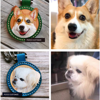 Pet photo engraving. Handmade leather original keychain. 9 color outer ring optional. 6.5cm size. Customizable (pricked up ears)